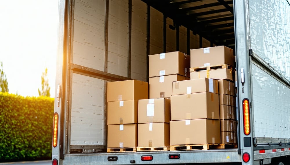 A truck loading packages for delivery A truck loading packages for delivery